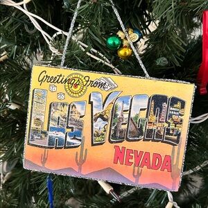 Las Vegas postcard Christmas tree ornament with glitter and mini balls